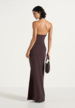 Amalia - Halter Neck Ruched Hip Hardware Maxi Dress - Brown