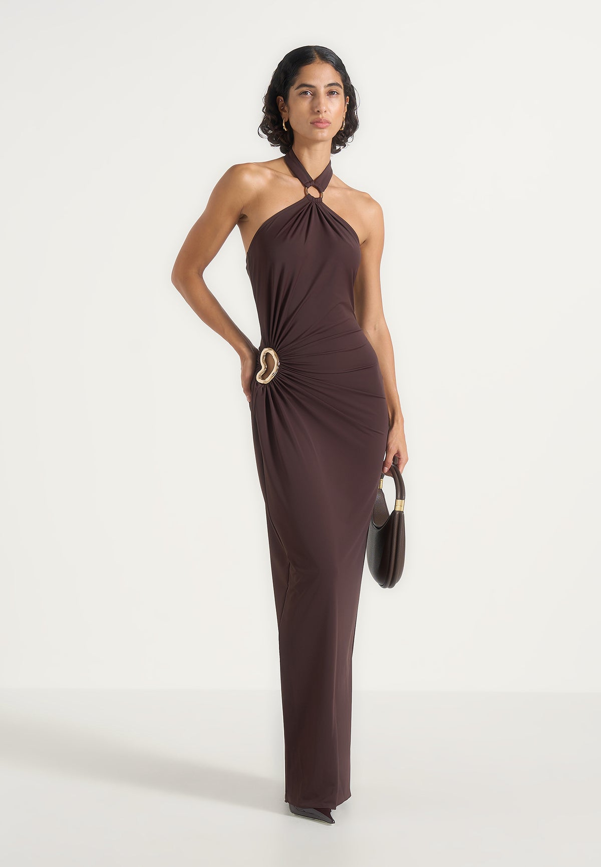 Amalia - Halter Neck Ruched Hip Hardware Maxi Dress - Brown
