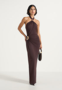 Amalia - Halter Neck Ruched Hip Hardware Maxi Dress - Brown