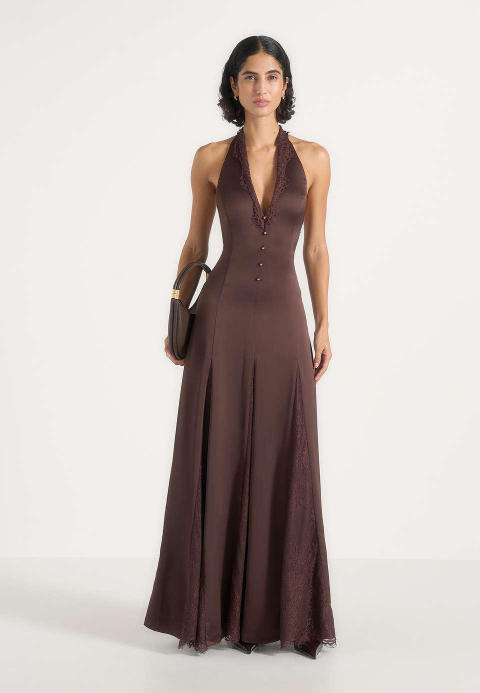 Dionne - Plunge Lace Panel Maxi Gown - Brown