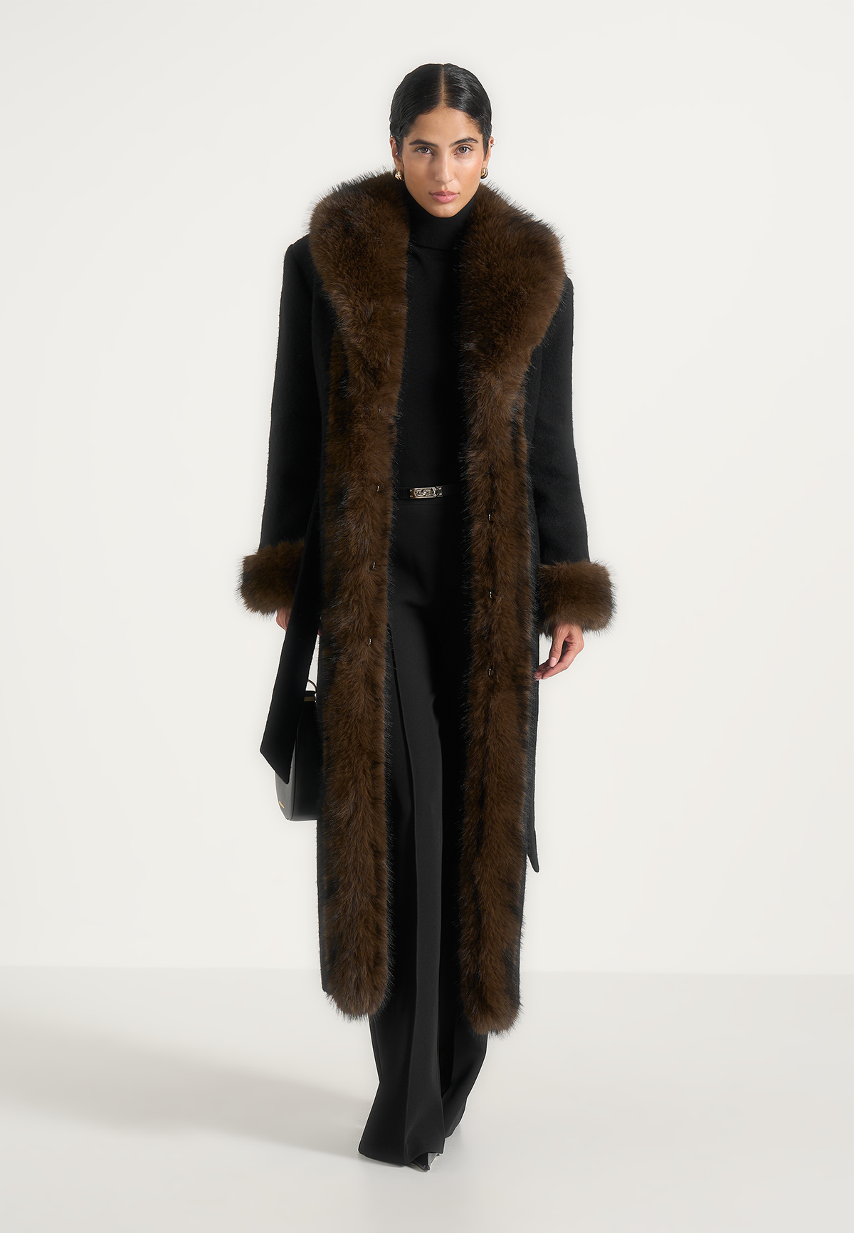 Kate - Fur Trim Belted Wool Maxi Coat - Black