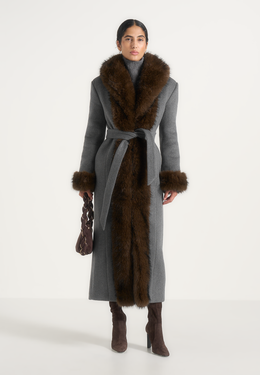 Kate - Fur Trim Belted Wool Maxi Coat - Grey