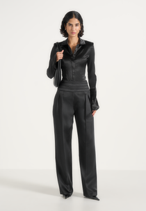 Fallon - Pleated Waistband Straight Leg Trousers - Black