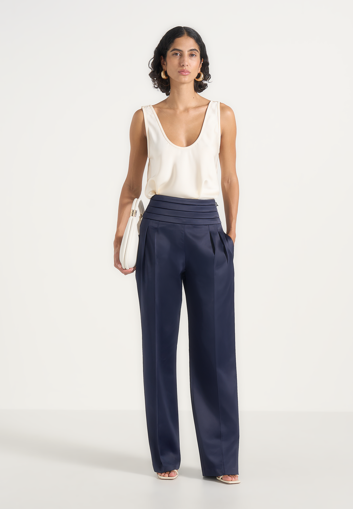 Fallon - Pleated Waistband Straight Leg Trousers - Navy