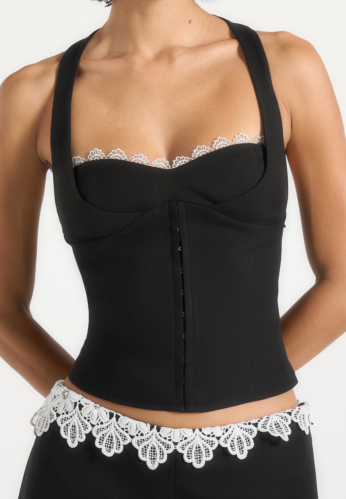 Lise - Lace Trim Wool-Blend Halter Corset Top - Black