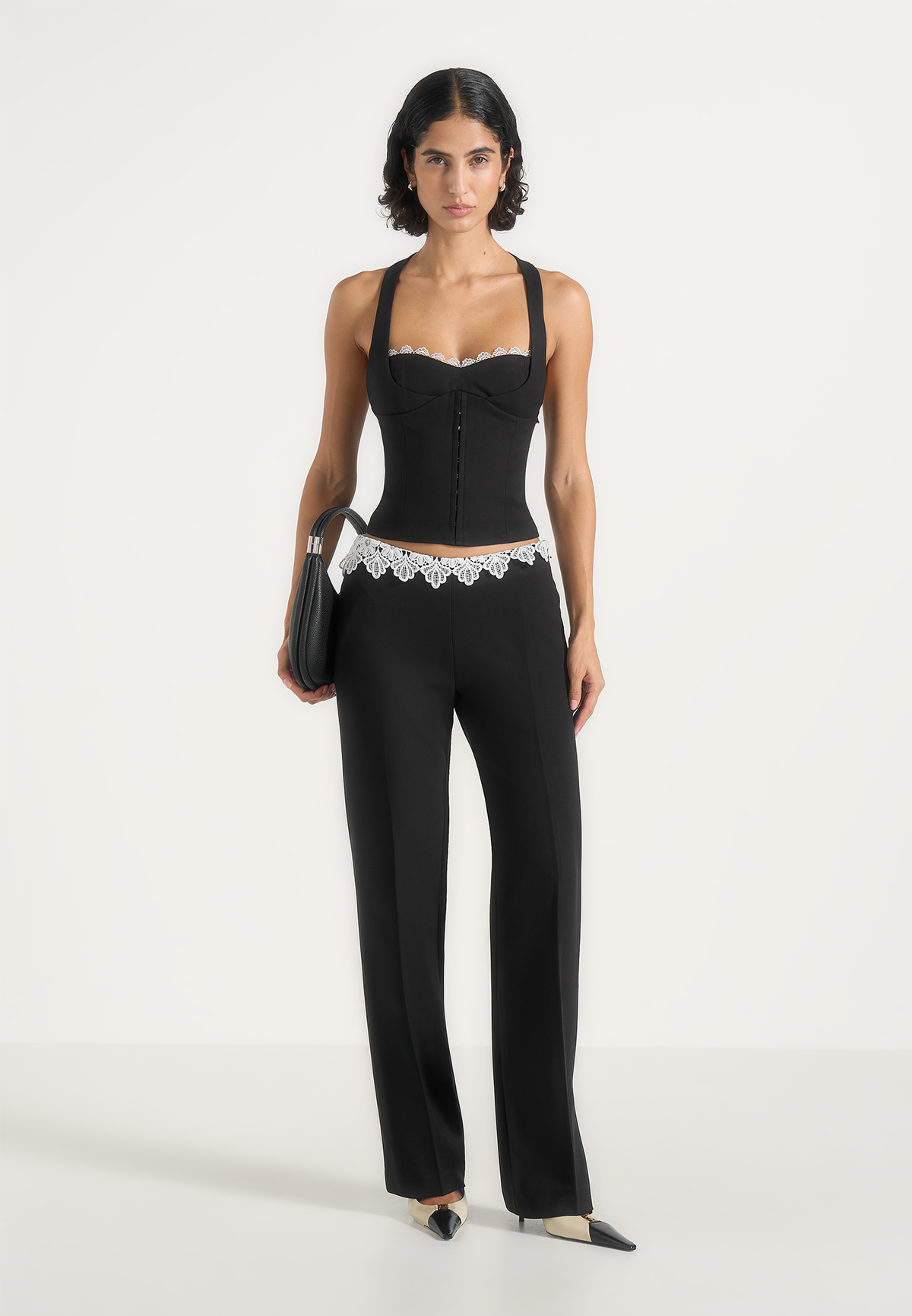 Lise - Lace Trim Wool-Blend Halter Corset Top - Black
