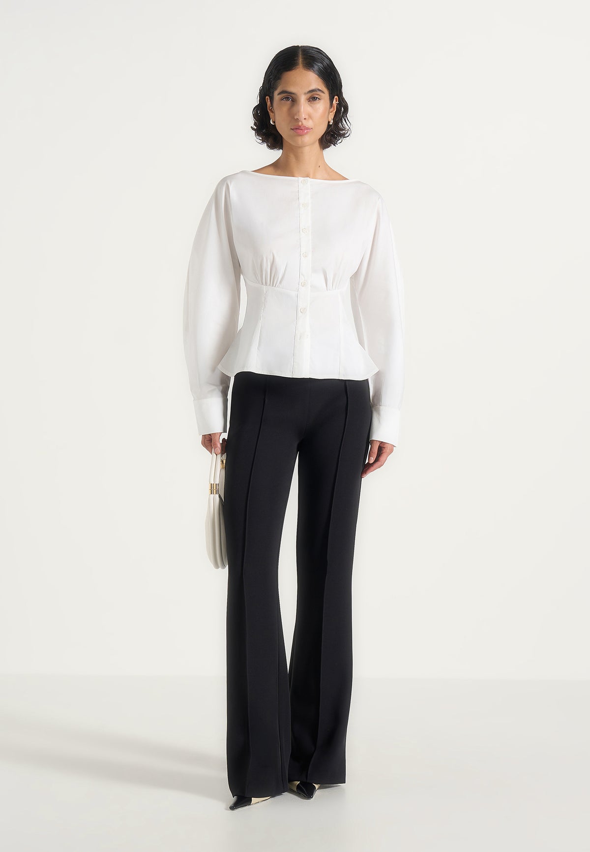 Chelsea - Cotton Cinch Waist Peplum Shirt - White