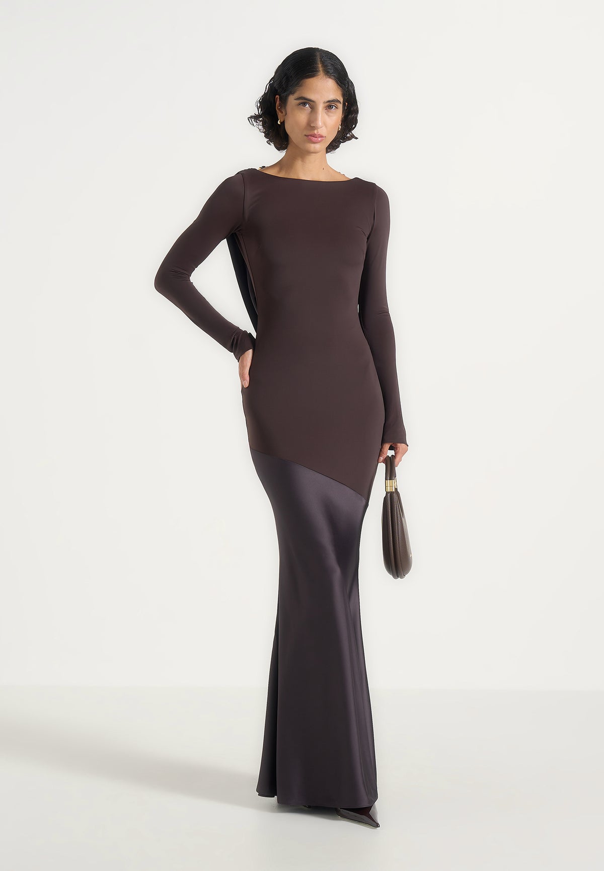 Priya - Beaded Cowl Back Two Tone Fishtail Gown - Brown