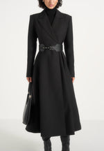 Seraphine - Fluted Hem Belted Wool-Blend Coat - Black