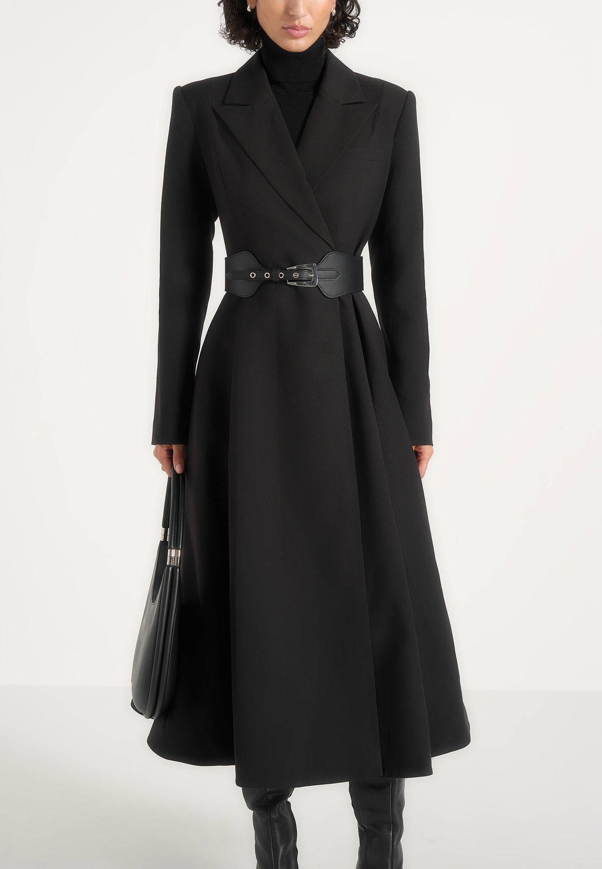 Seraphine - Fluted Hem Belted Wool-Blend Coat - Black