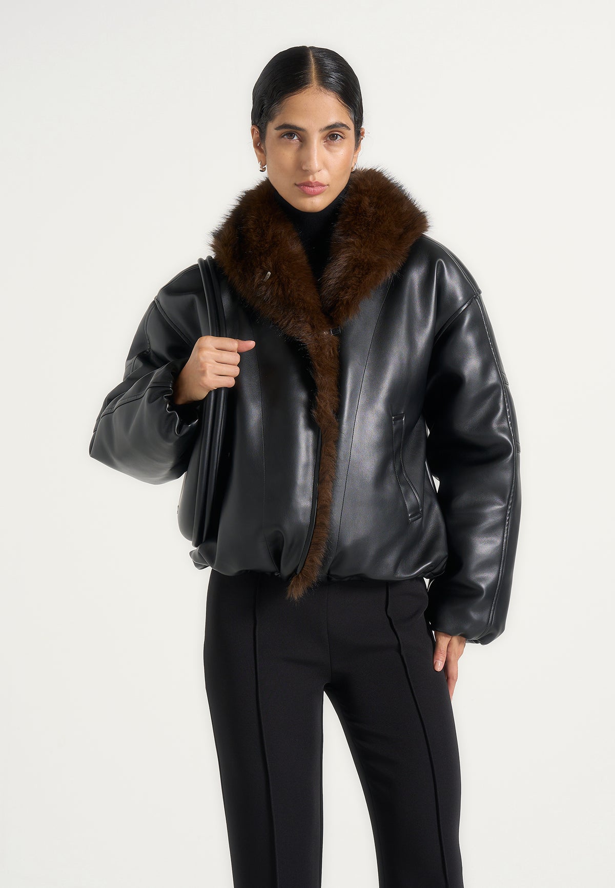 Oakley - Fur Collar Leather Bomber Jacket - Black