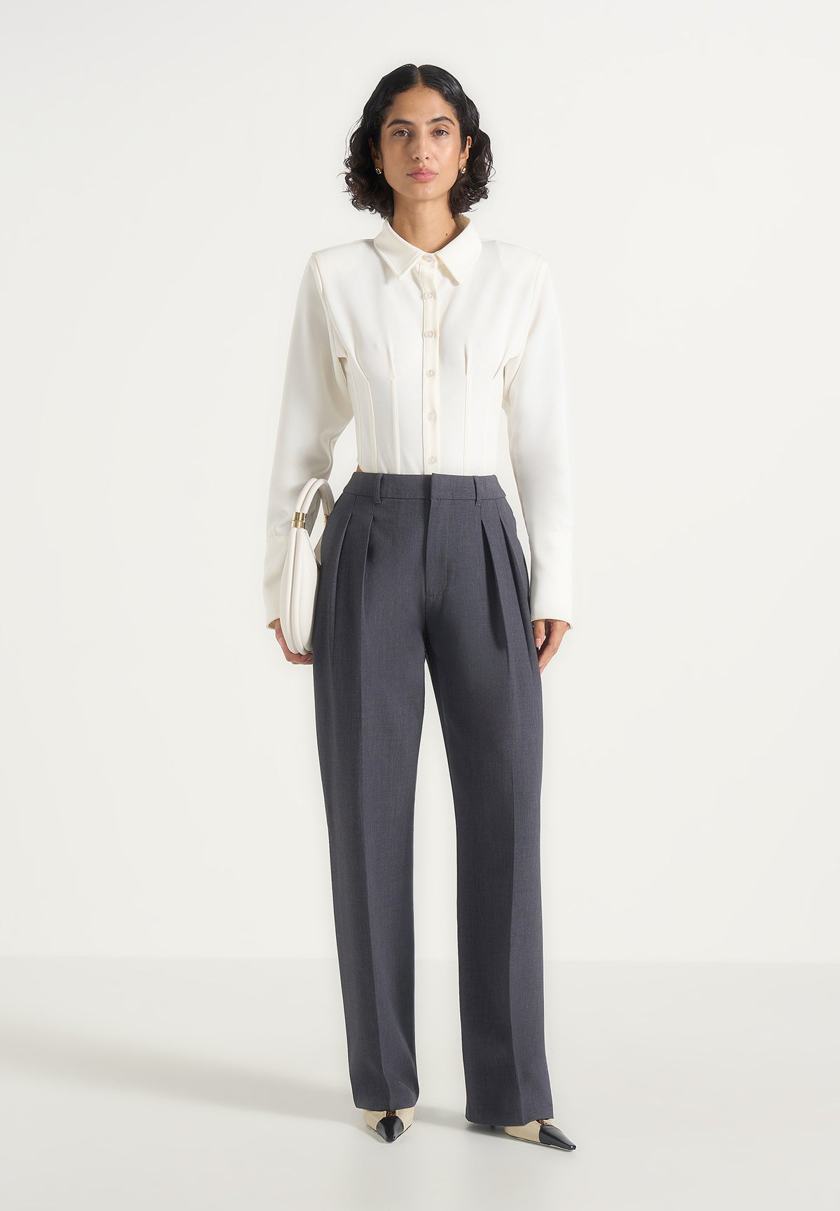 Julie - Tailored Twin Pleat Wool-Blend Trousers - Grey