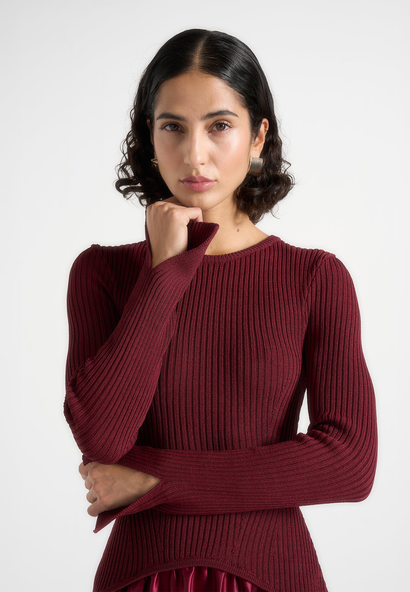 Adeline - Knit & Satin Curved Hem Maxi Dress - Wine Red