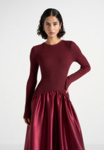 Adeline - Knit & Satin Curved Hem Maxi Dress - Wine Red