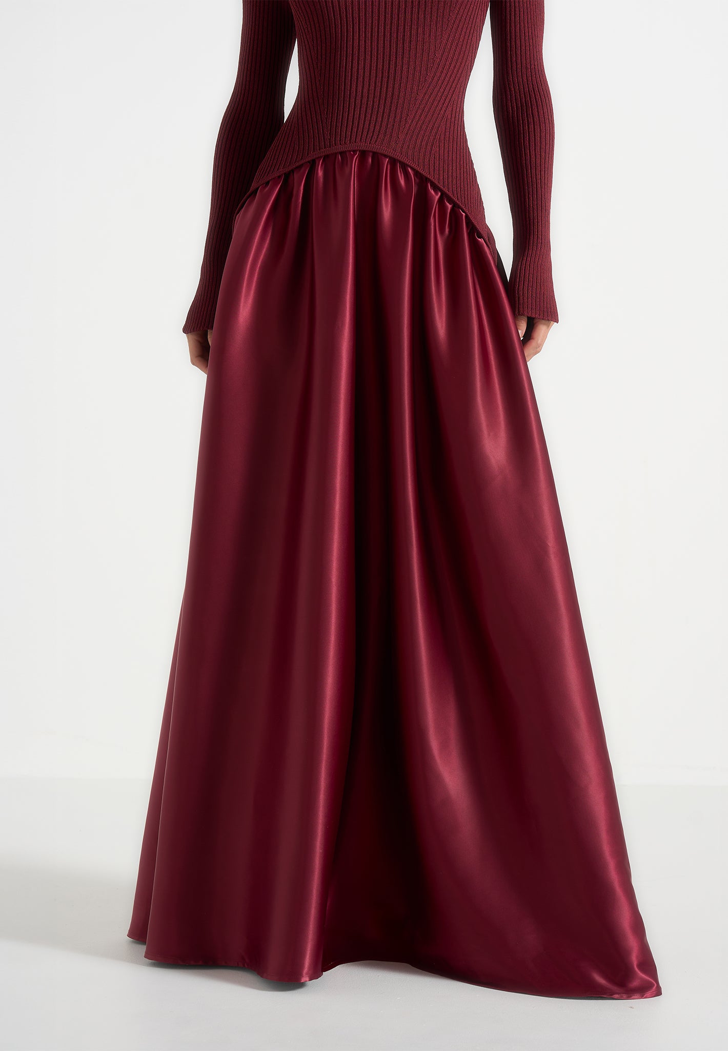 Adeline - Knit & Satin Curved Hem Maxi Dress - Wine Red