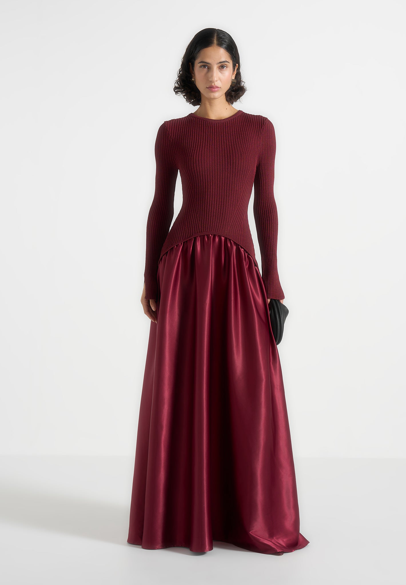 Adeline - Knit & Satin Curved Hem Maxi Dress - Wine Red 
