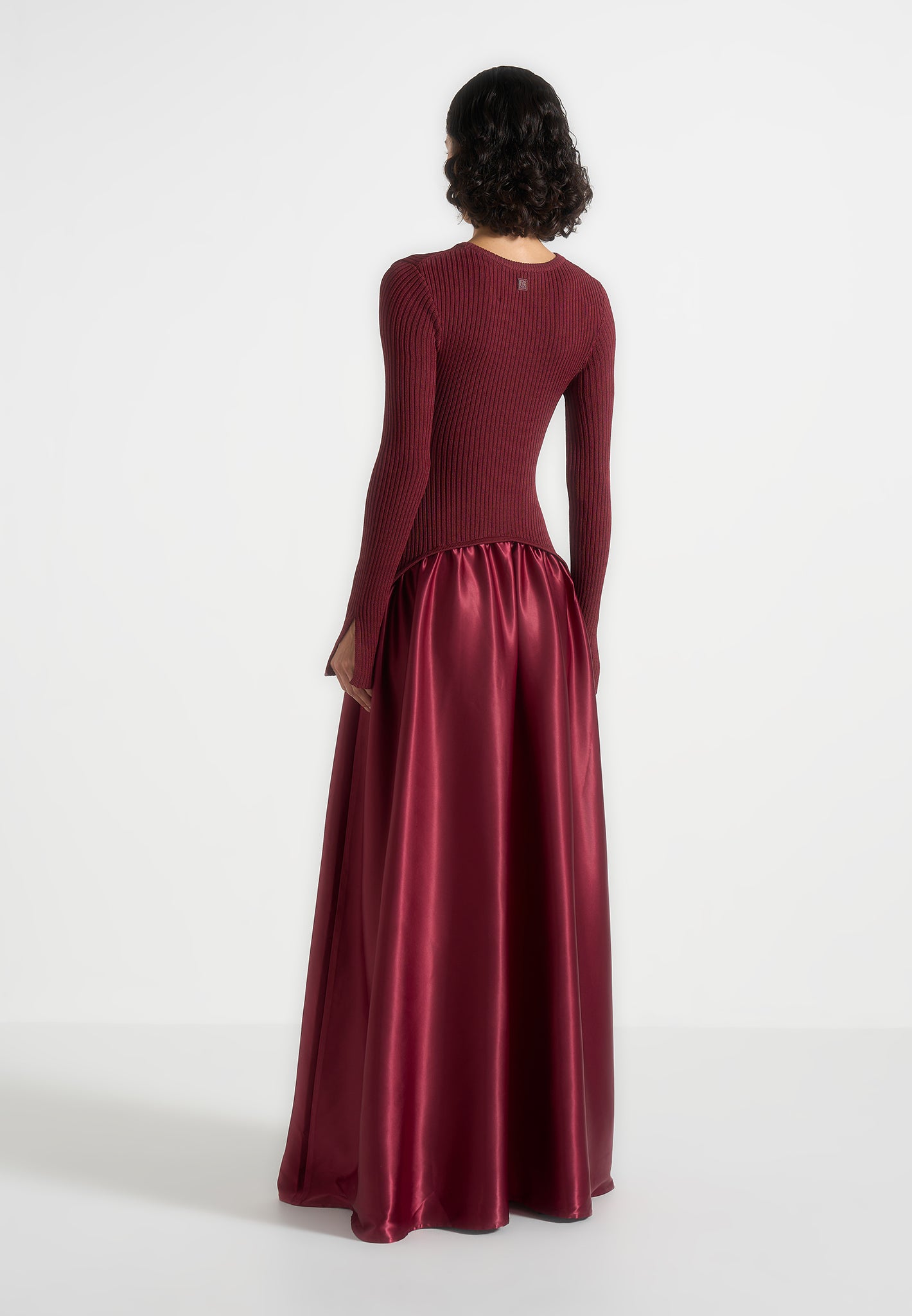 Adeline - Knit & Satin Curved Hem Maxi Dress - Wine Red