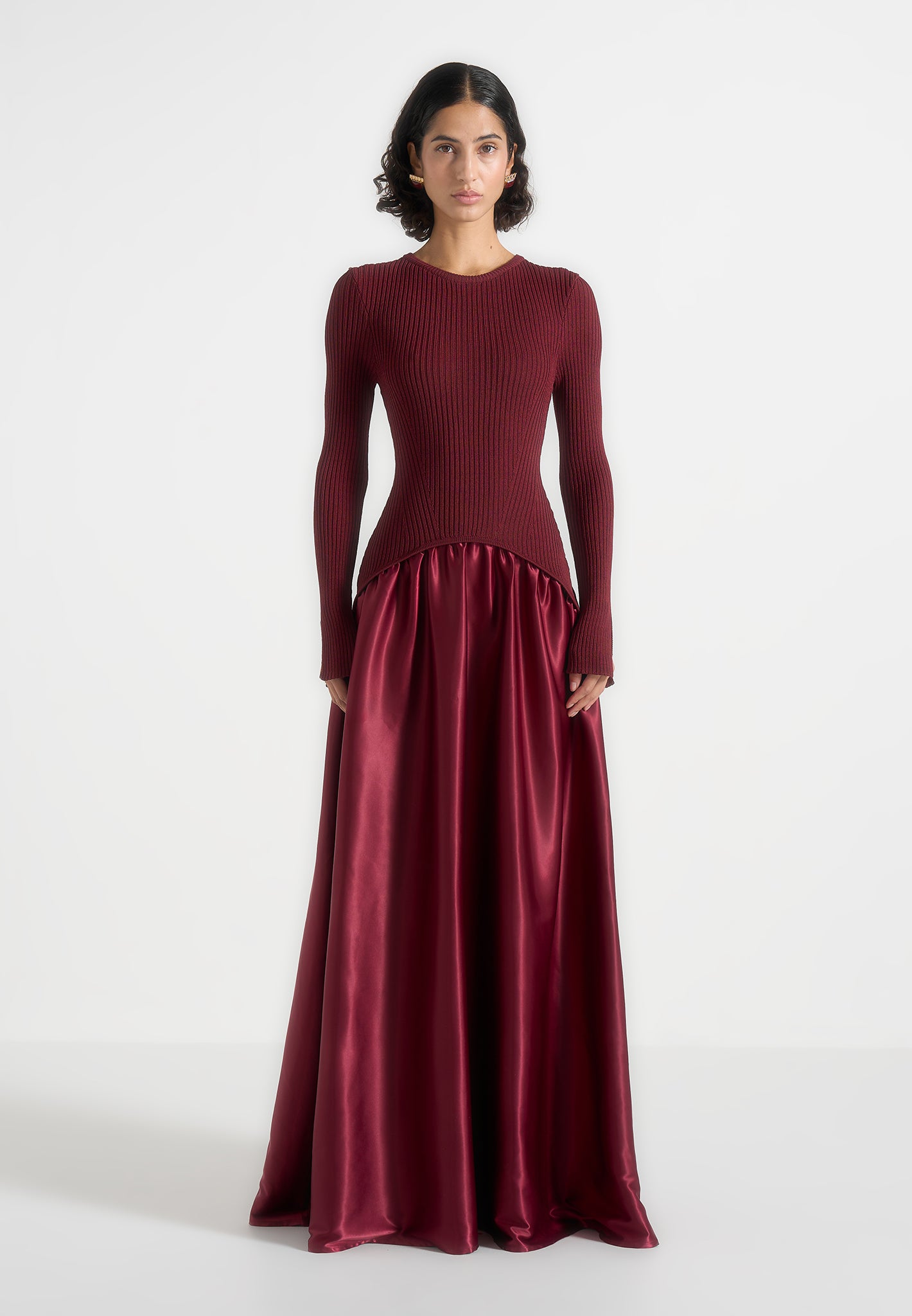 Adeline - Knit & Satin Curved Hem Maxi Dress - Wine Red