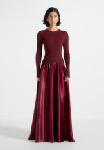 Adeline - Knit & Satin Curved Hem Maxi Dress - Wine Red