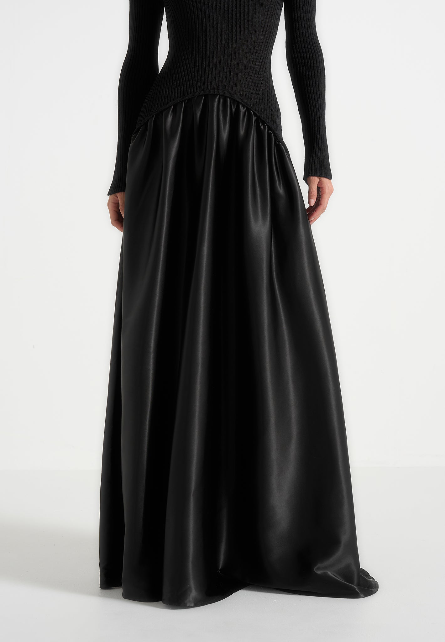 Adeline - Knit & Satin Curved Hem Maxi Dress - Black