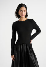 Adeline - Knit & Satin Curved Hem Maxi Dress - Black