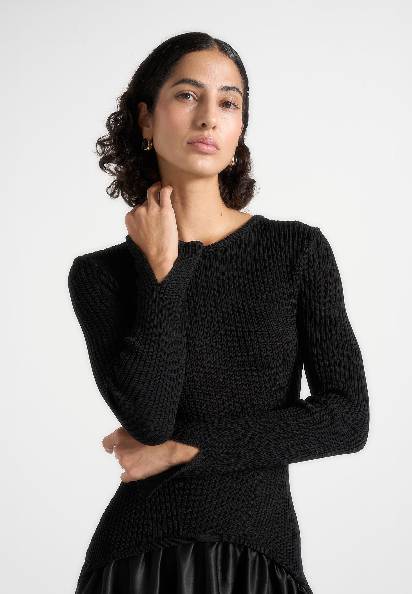 Adeline - Knit & Satin Curved Hem Maxi Dress - Black