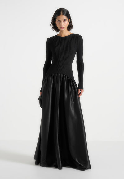 Adeline - Knit & Satin Curved Hem Maxi Dress - Black