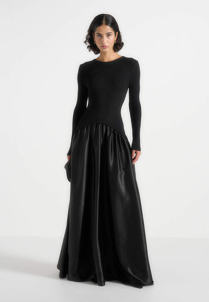 Adeline - Knit & Satin Curved Hem Maxi Dress - Black