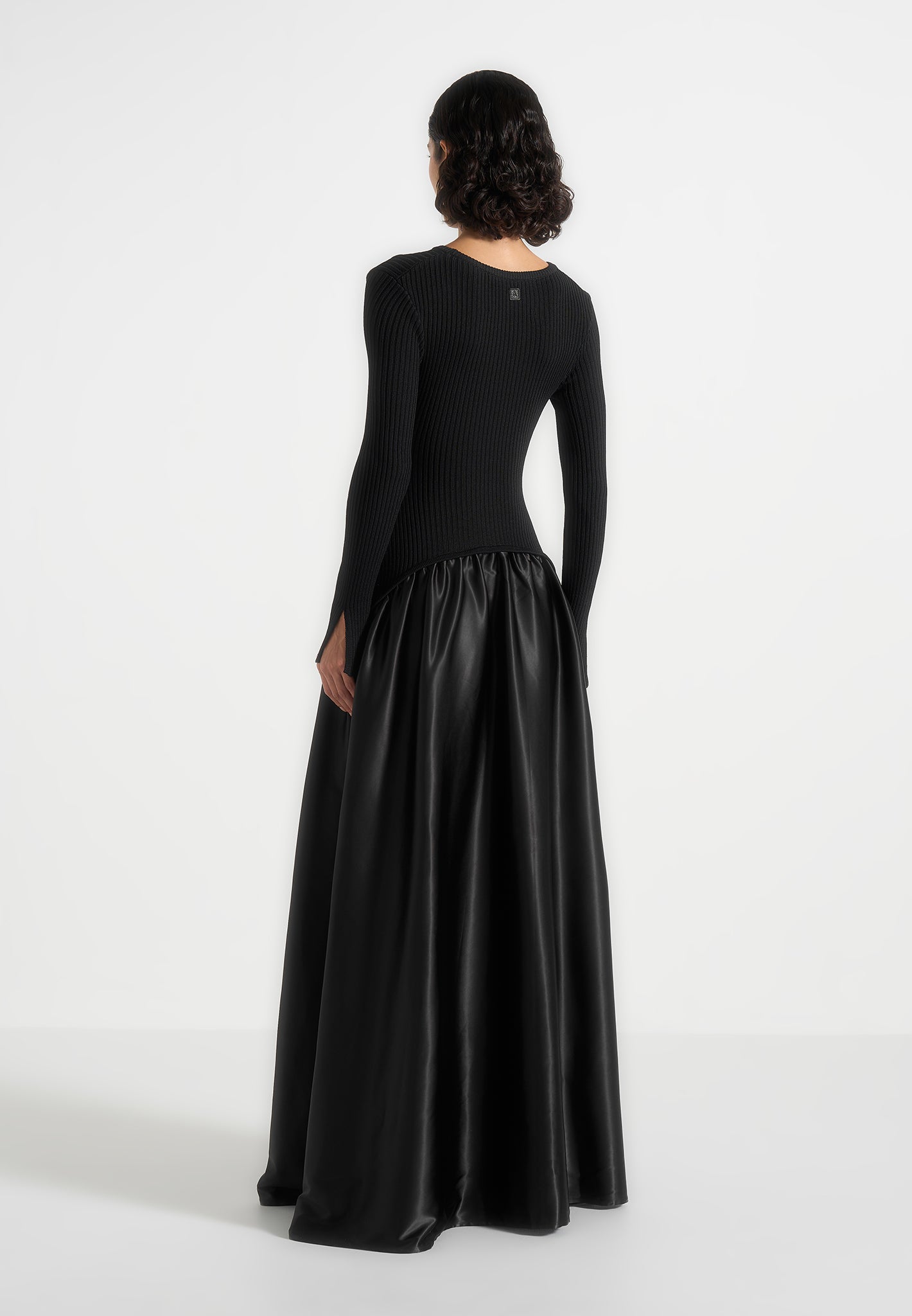 Adeline - Knit & Satin Curved Hem Maxi Dress - Black