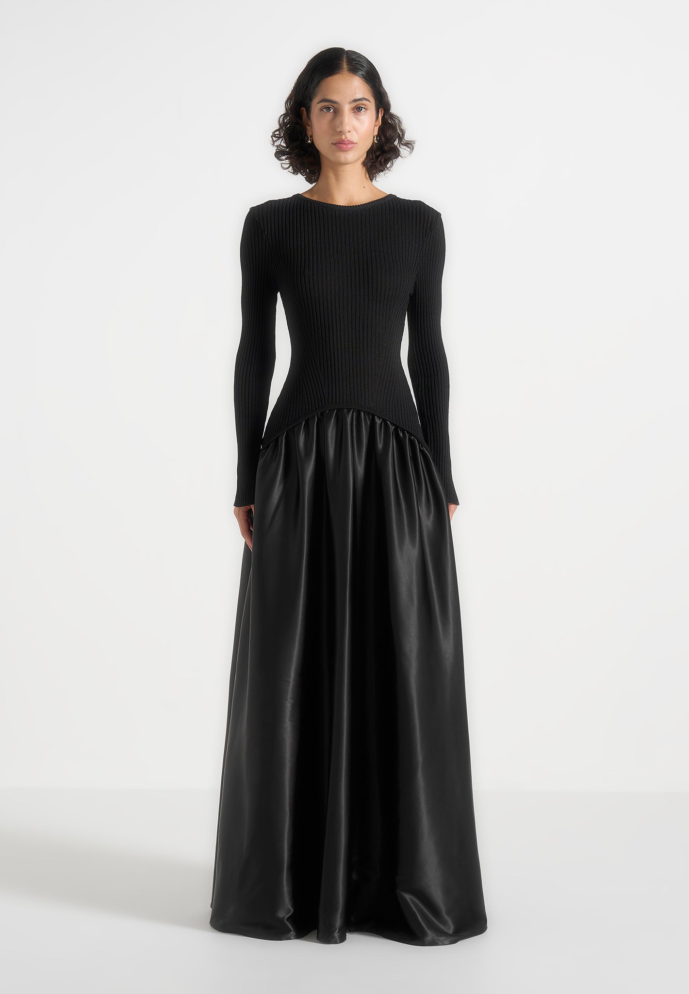Adeline - Knit & Satin Curved Hem Maxi Dress - Black