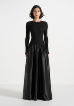 Adeline - Knit & Satin Curved Hem Maxi Dress - Black