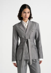 Delphine - Pinstripe Wrap Tie Blazer - Grey