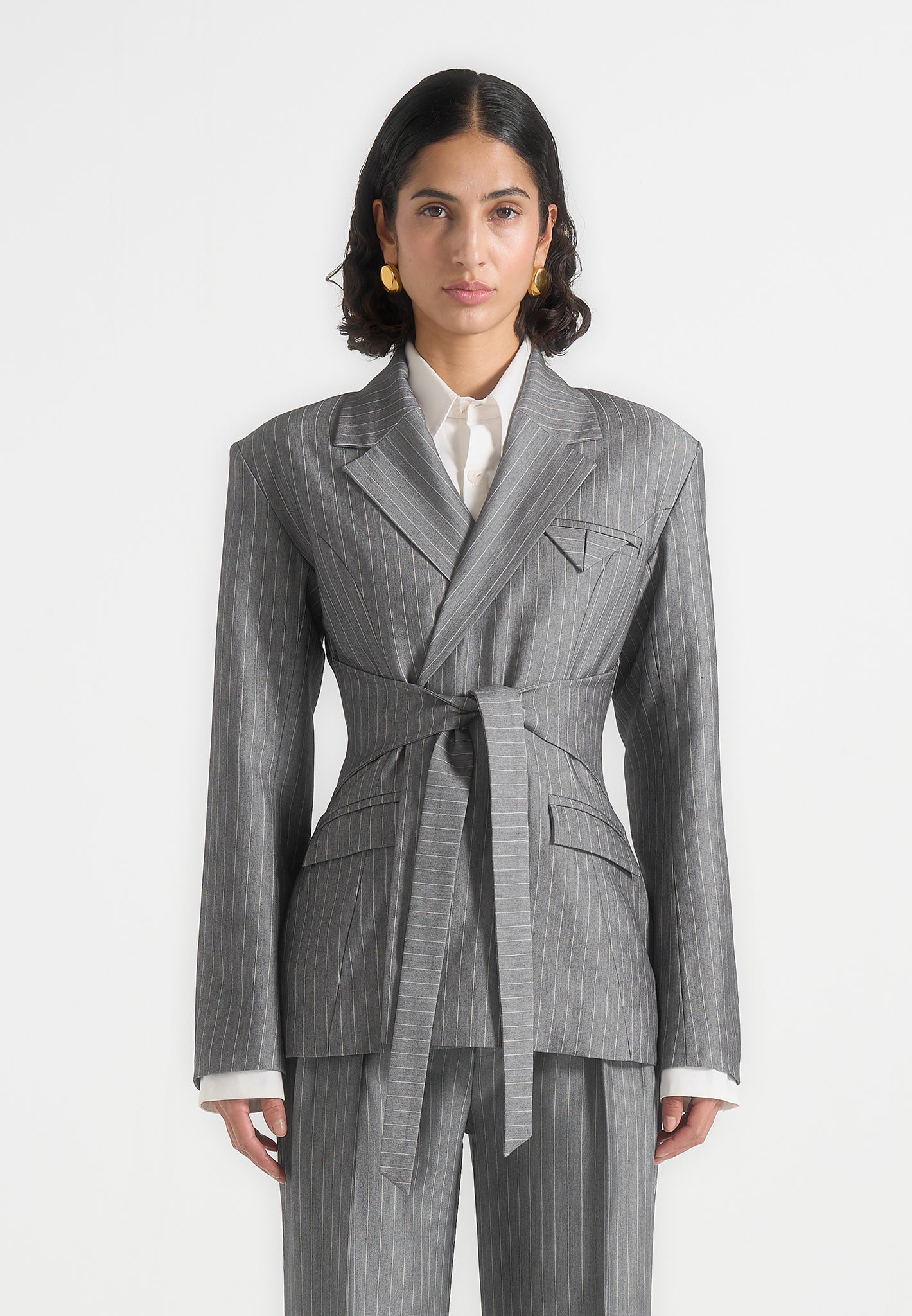 Delphine - Pinstripe Wrap Tie Blazer - Grey 