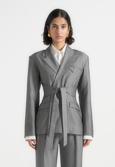 Delphine - Pinstripe Wrap Tie Blazer - Grey