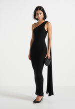 Laya - Asymmetric Knit Midaxi Dress With Scarf - Black