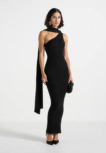 Laya - Asymmetric Knit Maxi Dress With Scarf - Black
