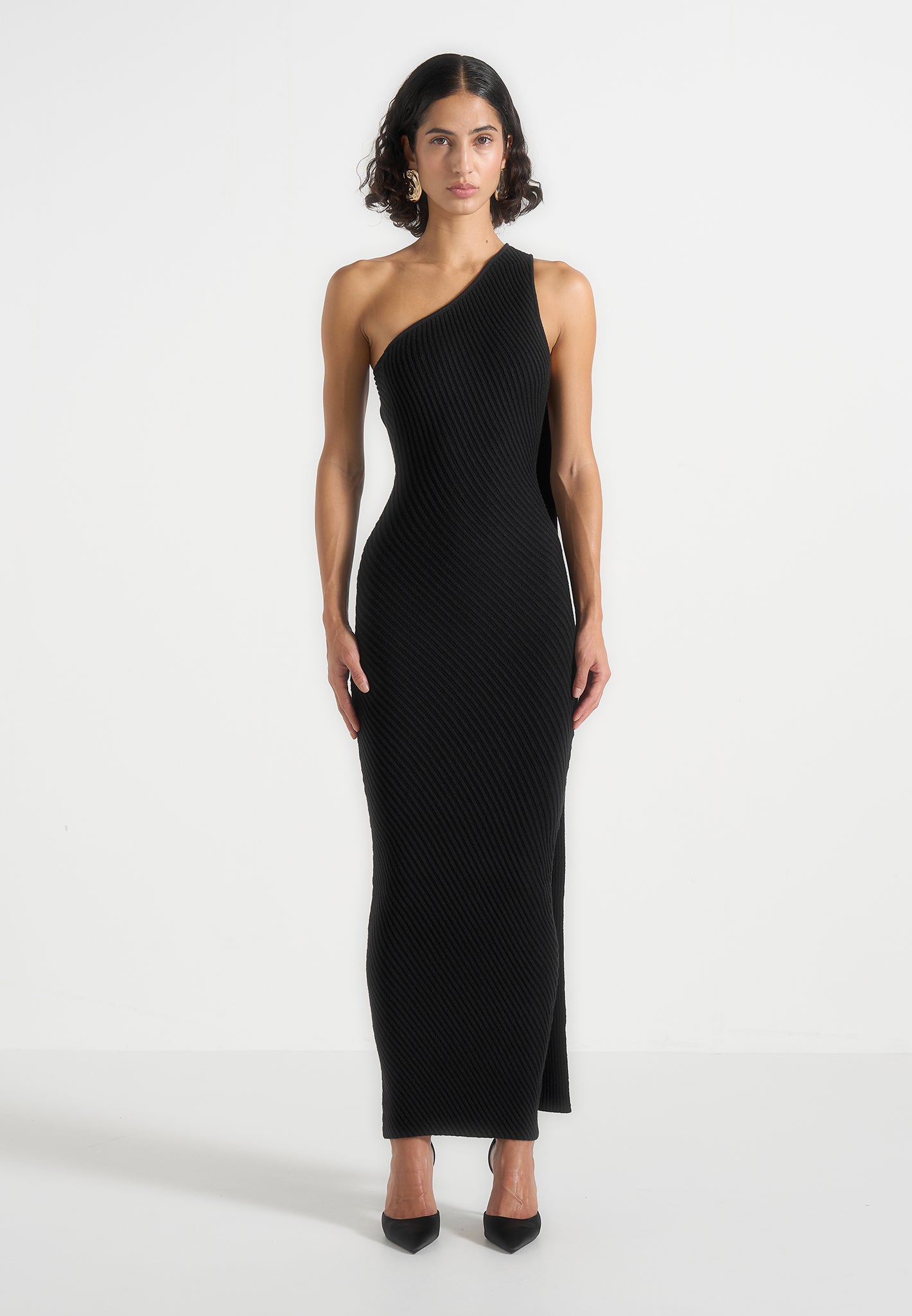 Laya - Asymmetric Knit Midaxi Dress With Scarf - Black