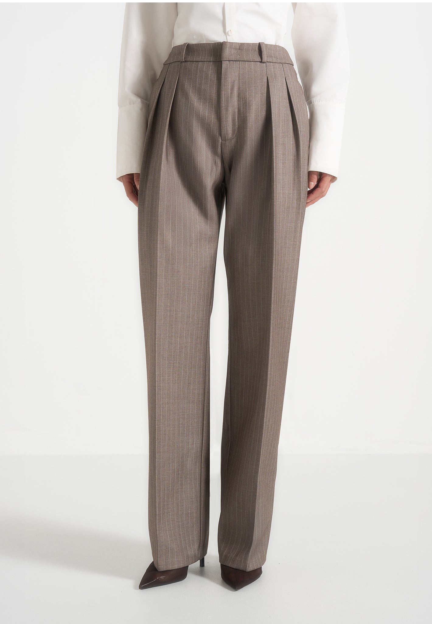 Julie - Pinstripe Tailored Trousers - Beige 