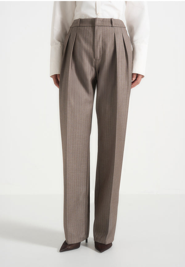 Julie - Pinstripe Tailored Trousers - Beige