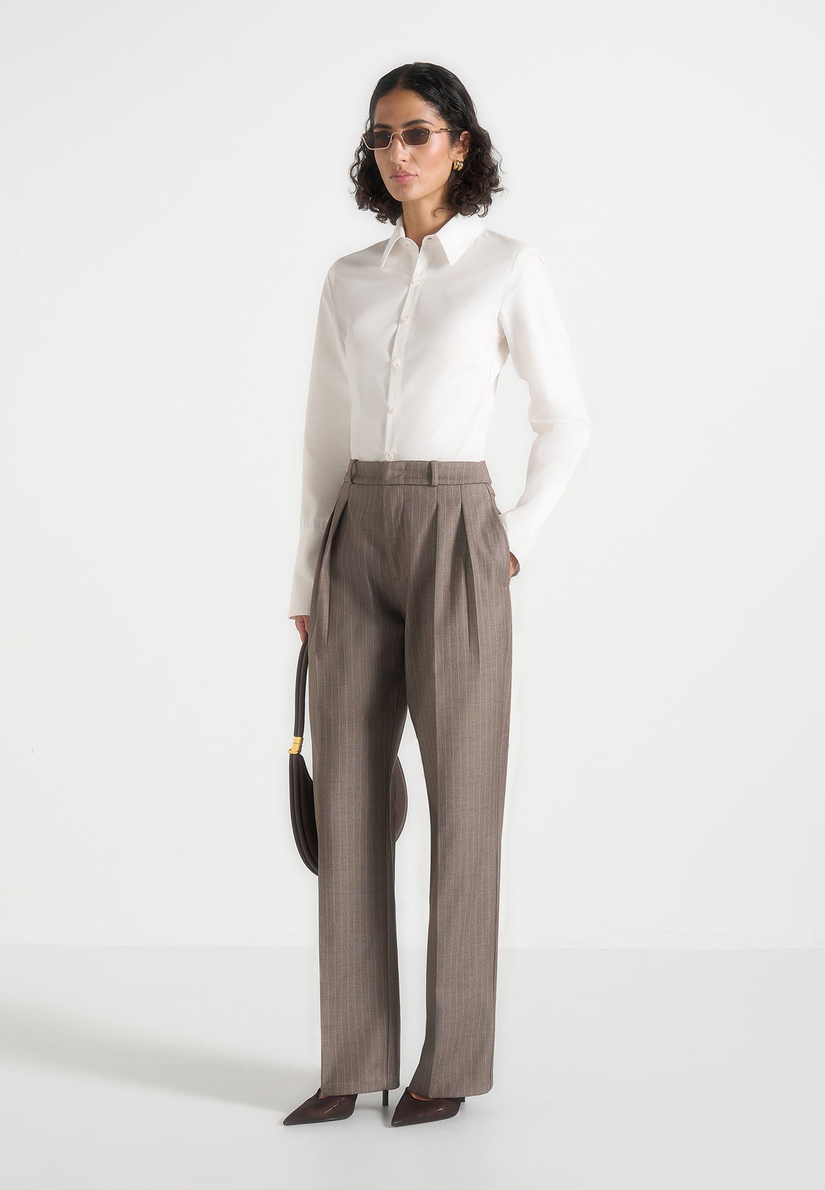 Julie - Pinstripe Tailored Trousers - Taupe