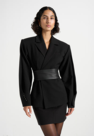 Marie - Wool Twist Sleeve Blazer with Belt - Black