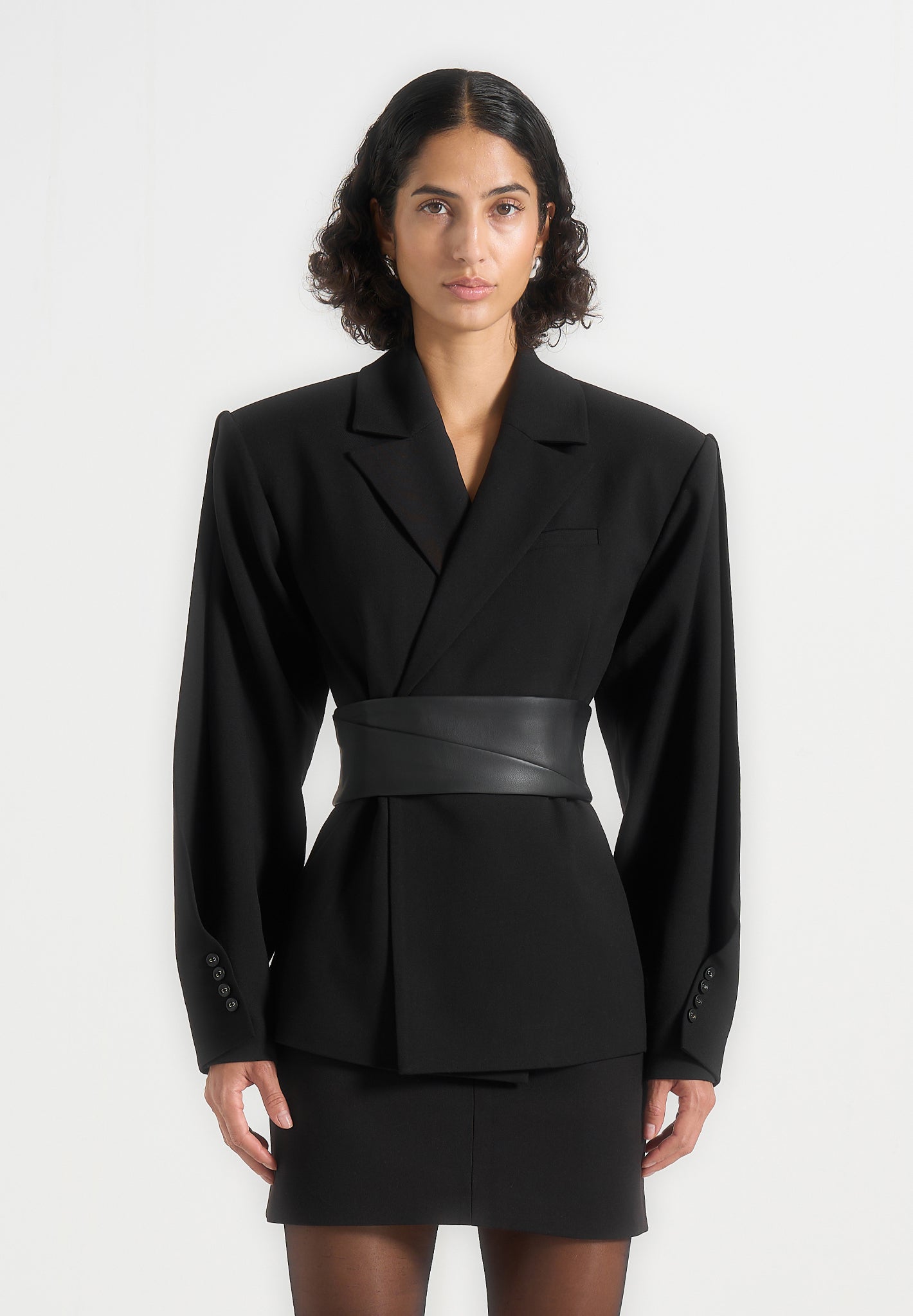 Marie - Twist Sleeve Blazer with Belt - Black