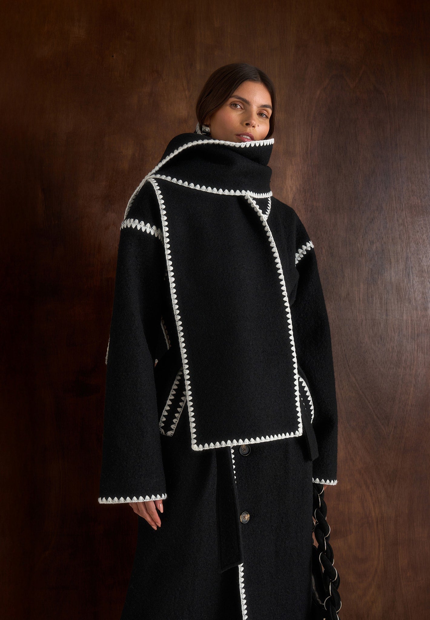 Elora - Wool Blanket Stitch Belted Longline Coat - Black