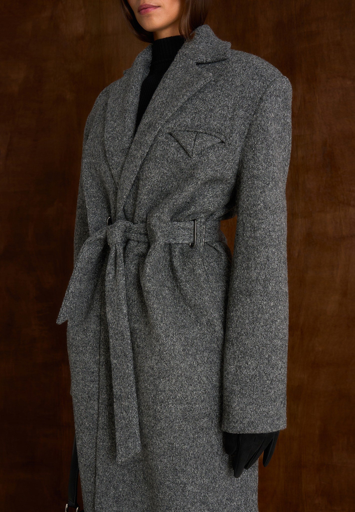 Jena - Wide Shoulder Wool Coat with Cinch Belt - Grey