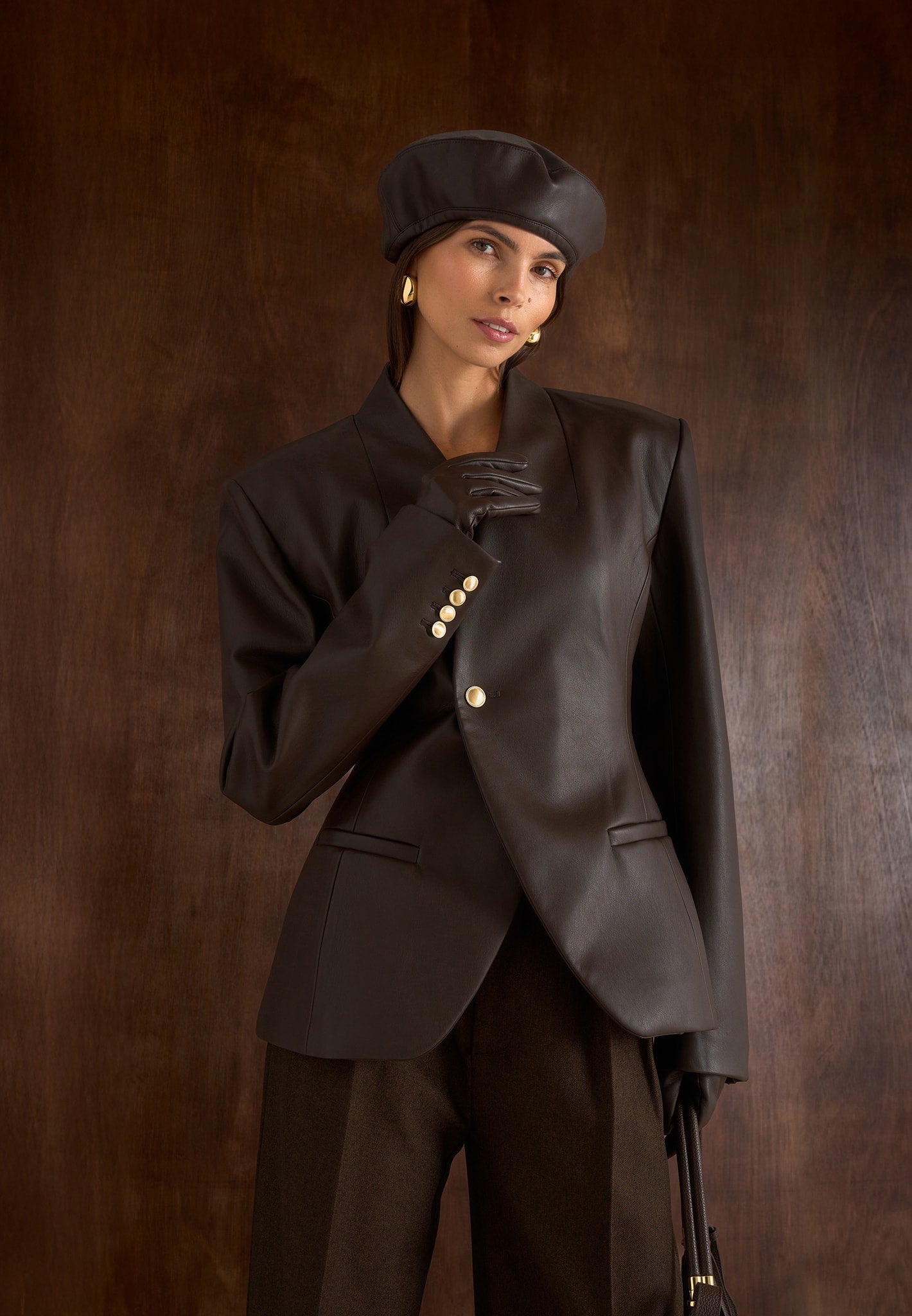 Ina - Leather Cinched Waist Kimono Blazer - Brown 