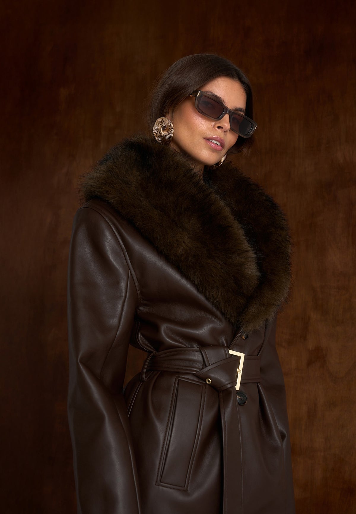 Cenya - Fur Collar Belted Leather Coat - Brown