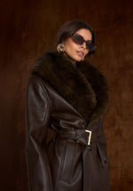 Cenya - Fur Collar Belted Leather Coat - Brown