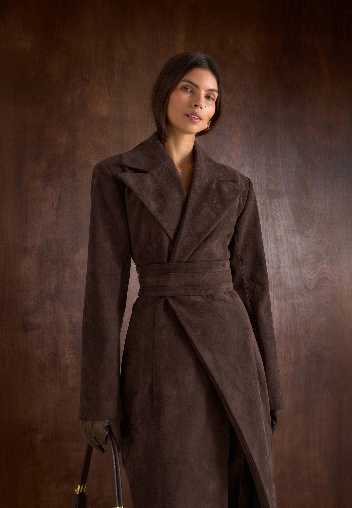 Esma - Suede Asymmetric Coat with Cinch Belt - Brown 