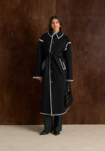 Elora - Wool Blanket Stitch Belted Longline Coat - Black