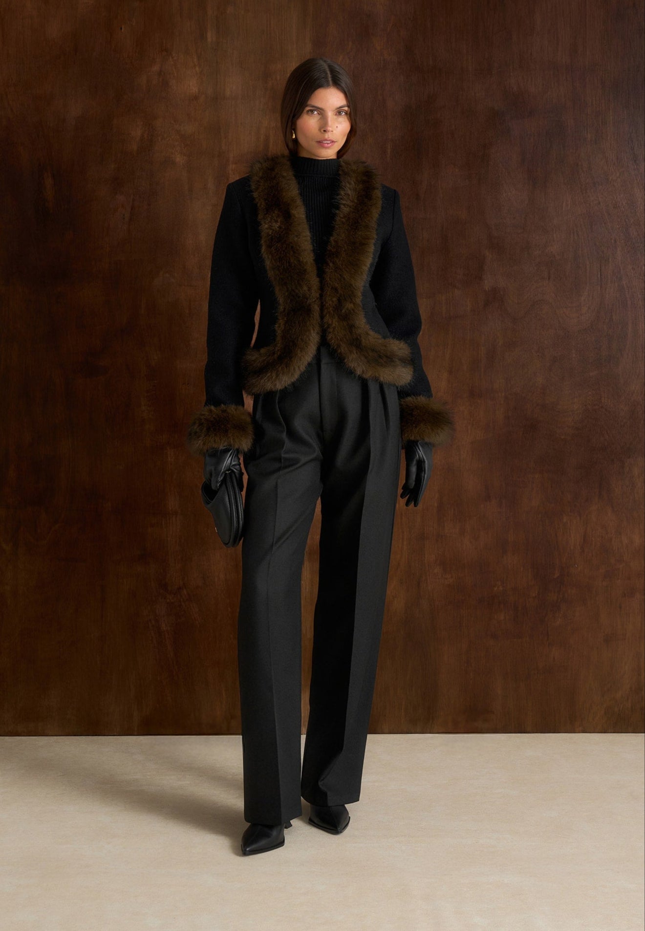 Lina - Sculpted Wool & Fur Trim Jacket - Black 
